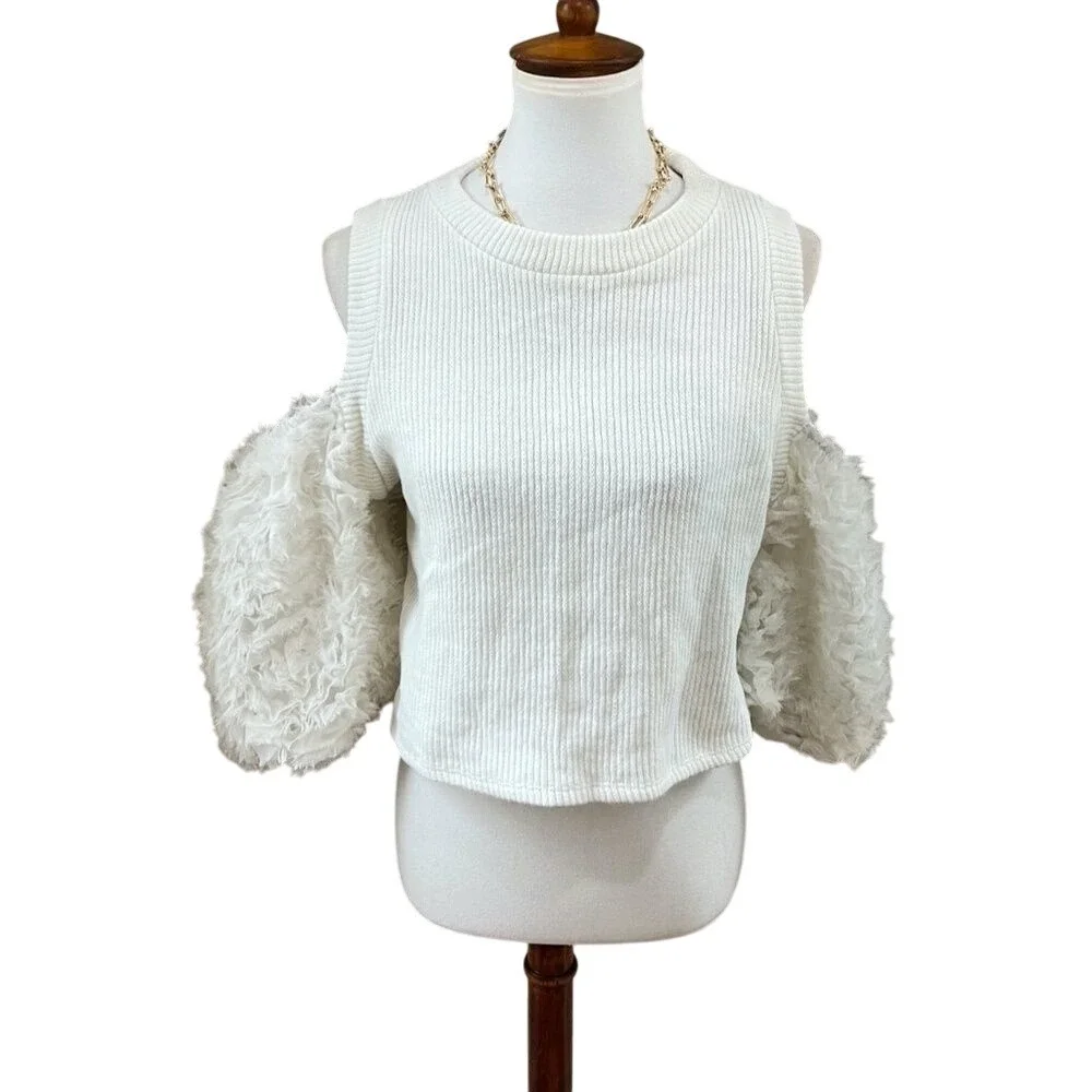 Zara Cold Shoulder Knit Top Faux Fur Statement Sleeves Cream Large